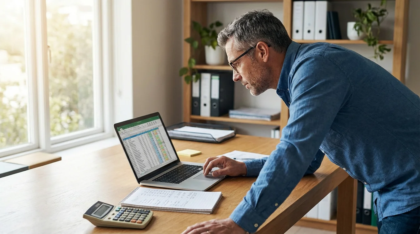 Pessoa a gerir apostas num port&aacute;til com calculadora ao lado