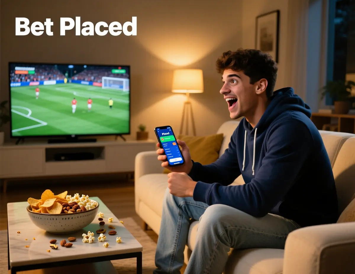 Jovem português entusiasmado a ver futebol na televisão enquanto usa smartphone para apostas desportivas