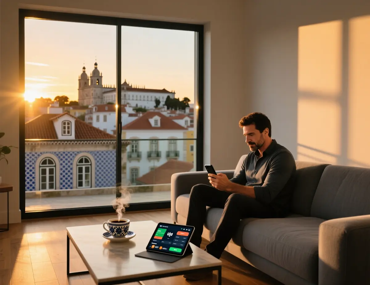 Homem português a usar smartphone para apostas desportivas online numa sala de estar moderna com vista para Lisboa ao pôr do sol