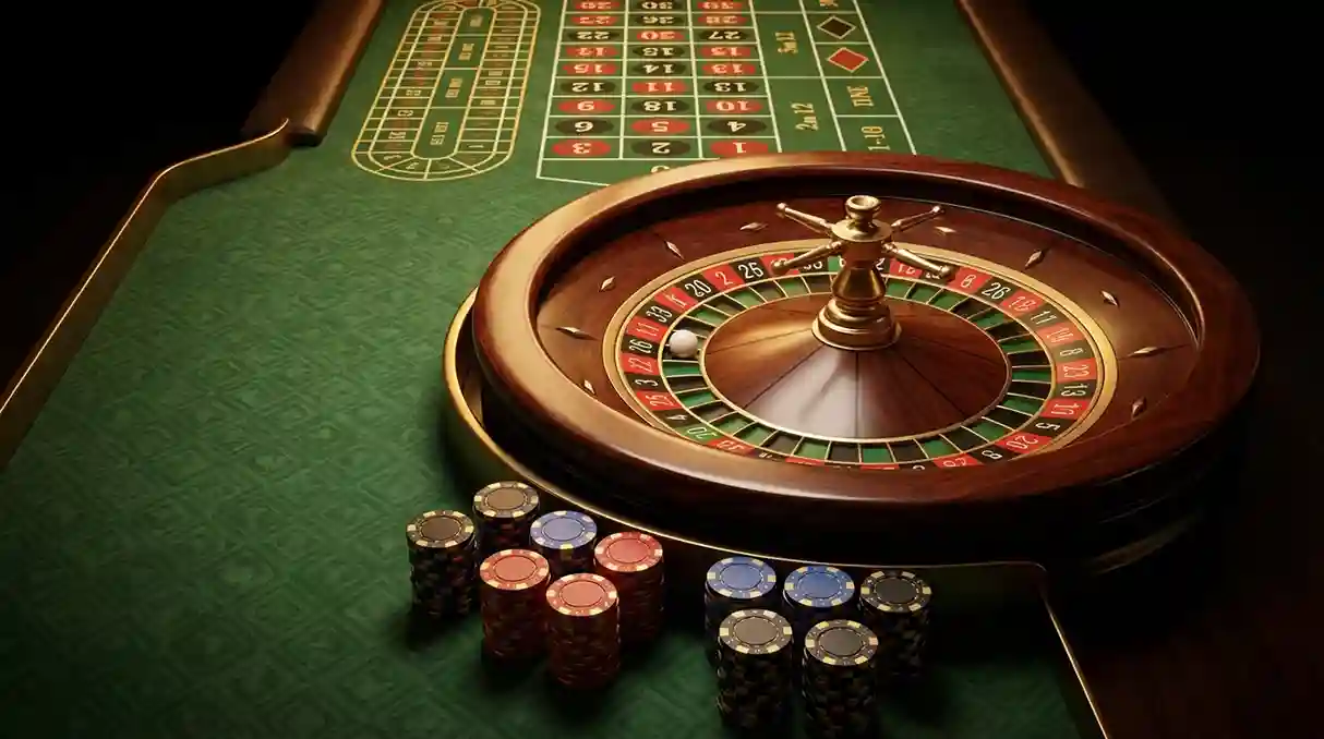 Mesa de roleta de casino com fichas e bola em movimento
