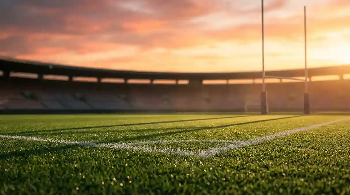 Campo de futebol português com relvado verde e bancadas ao entardecer