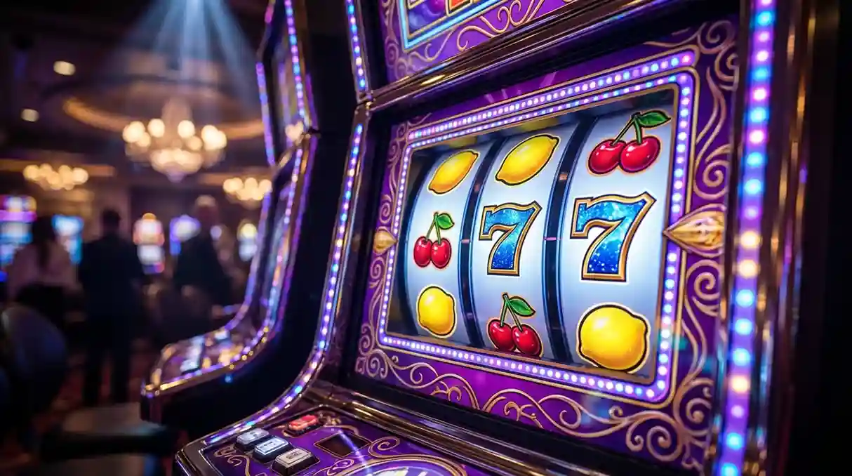 Slot machine colorida com s&iacute;mbolos de fruta e luzes brilhantes