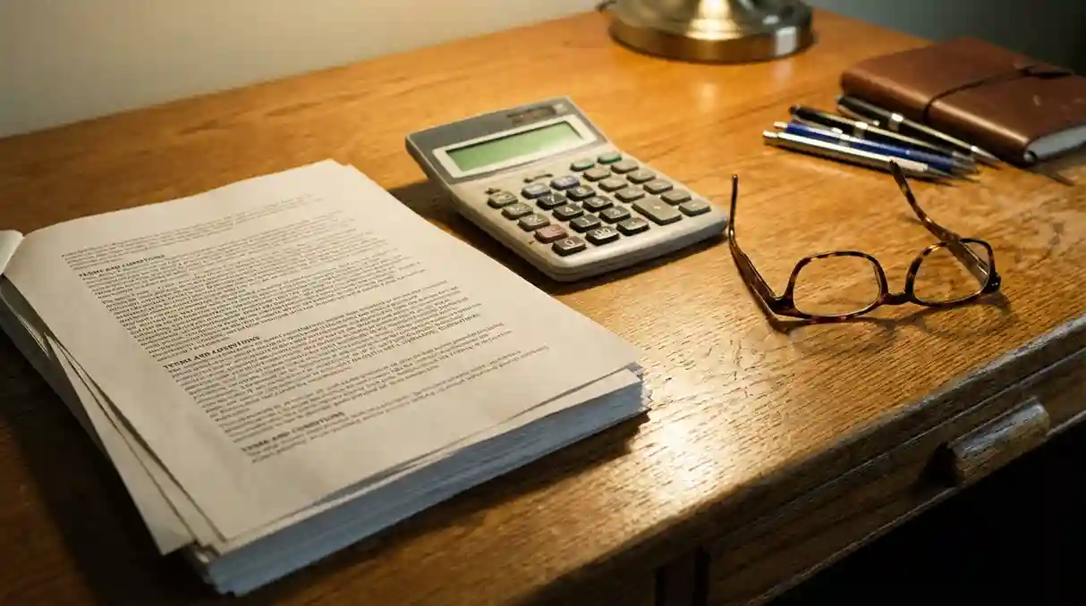 Documento com termos e condi&ccedil;&otilde;es ao lado de calculadora