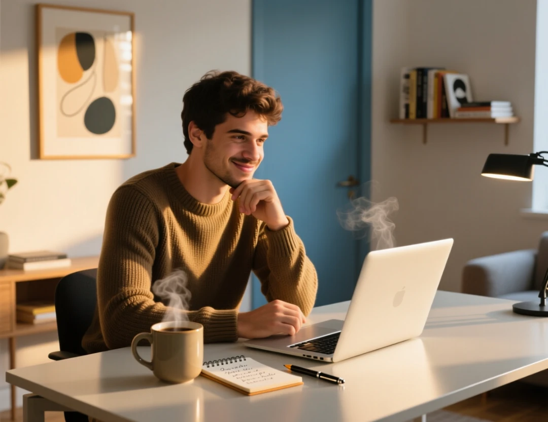 Homem português a analisar opções de bónus em laptop com expressão pensativa e satisfeita