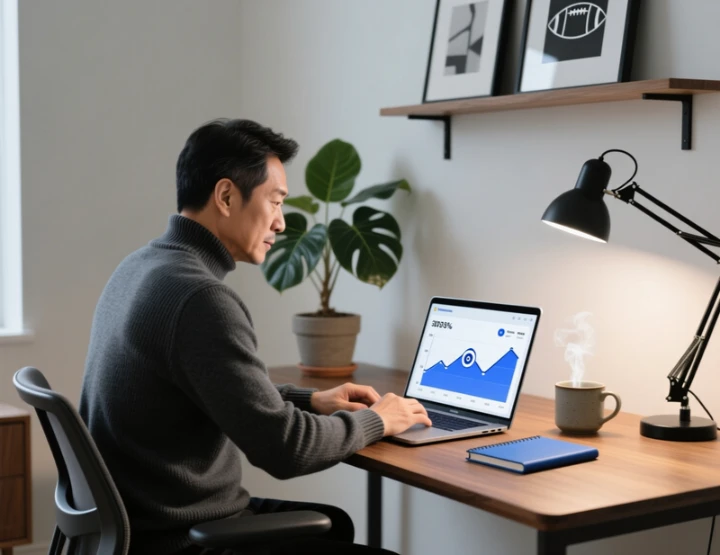Homem a analisar estatísticas desportivas em laptop com gráficos de dados de futebol