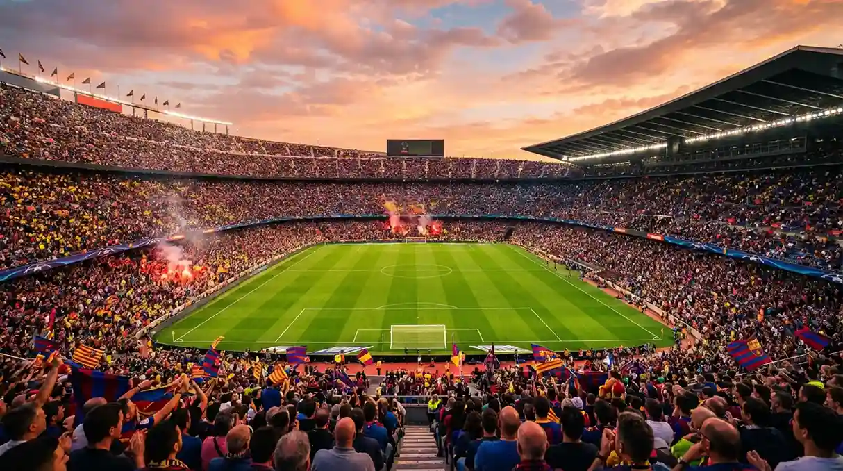 Estádio de futebol europeu com bancadas cheias ao entardecer