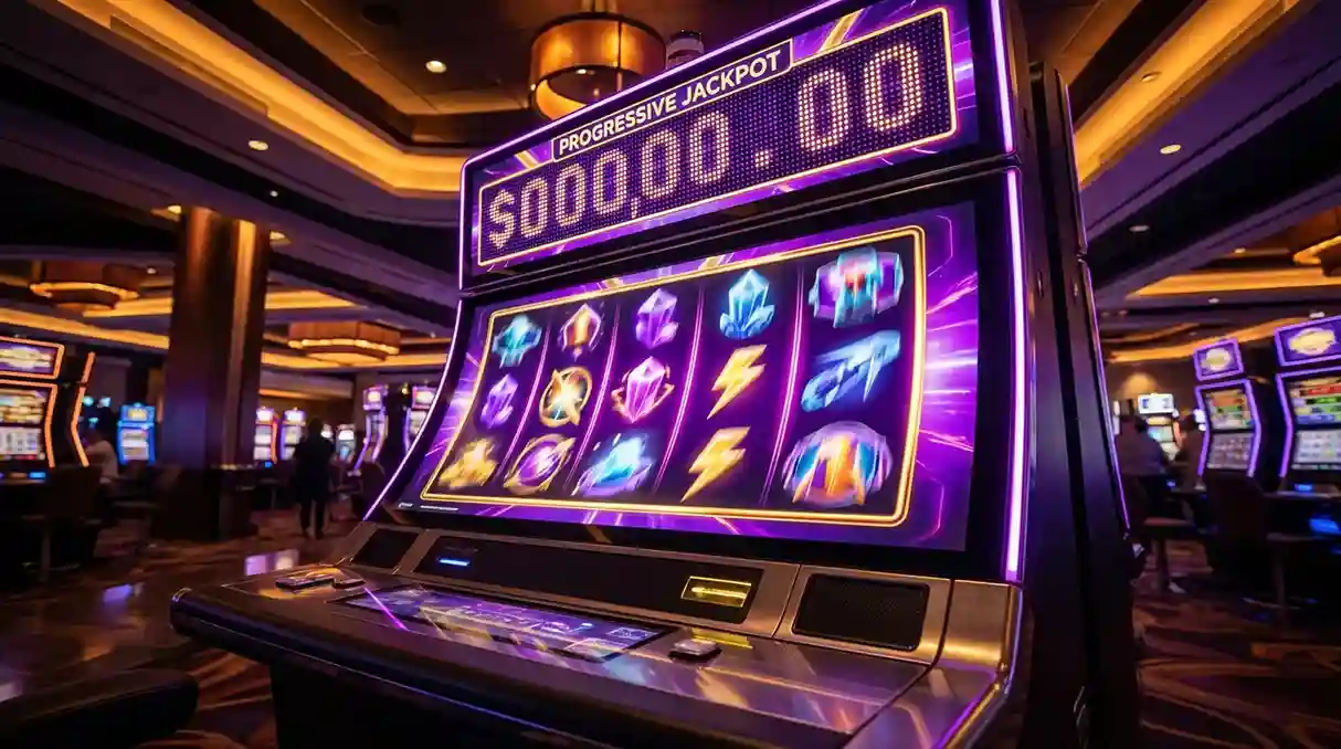 Ecr&atilde; de slot machine com jackpot progressivo e s&iacute;mbolos coloridos