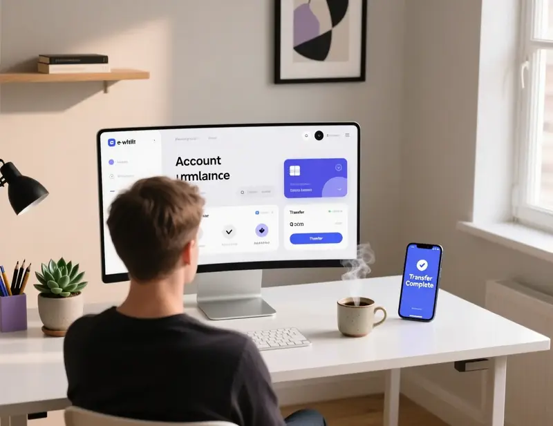 Pessoa a gerir carteira electrónica no computador com smartphone ao lado mostrando notificações
