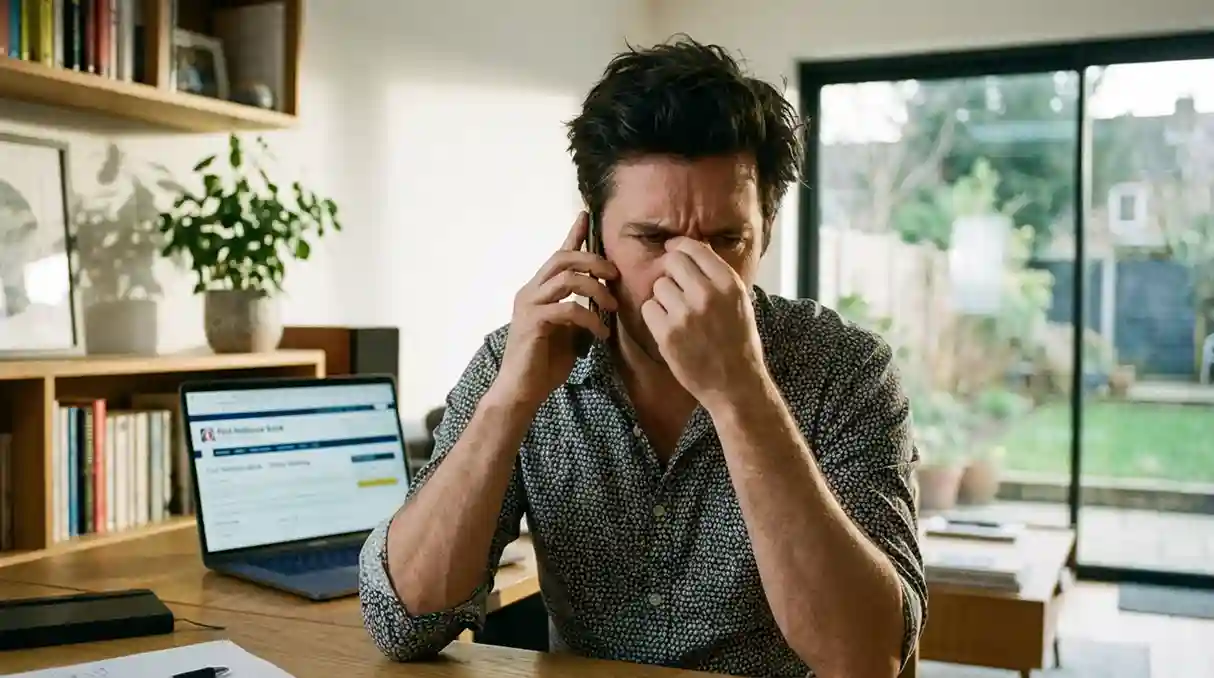 Pessoa a falar ao telefone com servi&ccedil;o de apoio banc&aacute;rio