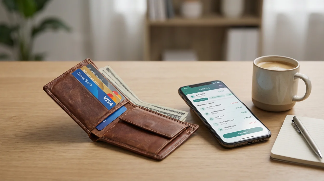 Carteira com v&aacute;rios cart&otilde;es banc&aacute;rios e telem&oacute;vel com app de pagamentos