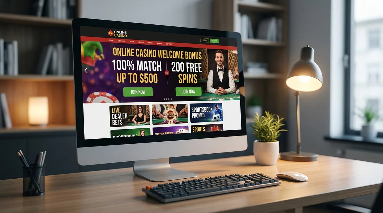 Ecr&atilde; de computador com ofertas de boas-vindas de casino online