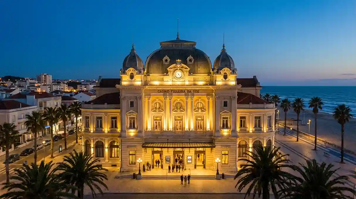 Fachada do Casino da Figueira da Foz ao entardecer