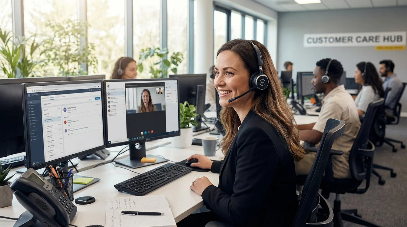 Operador de apoio ao cliente com headset a trabalhar