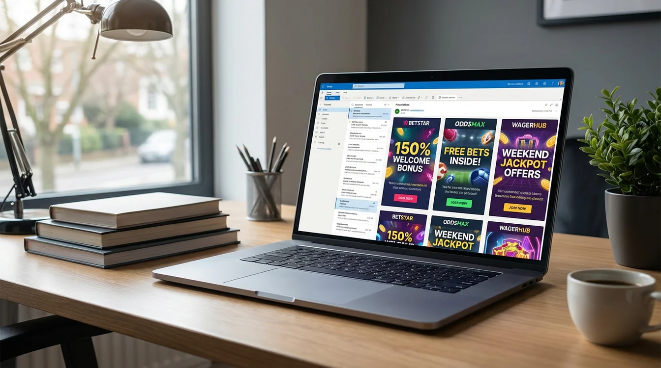 Computador port&aacute;til mostrando newsletters com ofertas promocionais