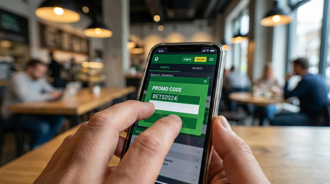 Telemóvel com código promocional numa aplicação de apostas