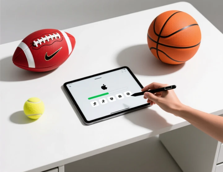 Vista superior de secretária com bola de futebol, ténis e basquetebol junto a tablet com interface de comparação de apostas