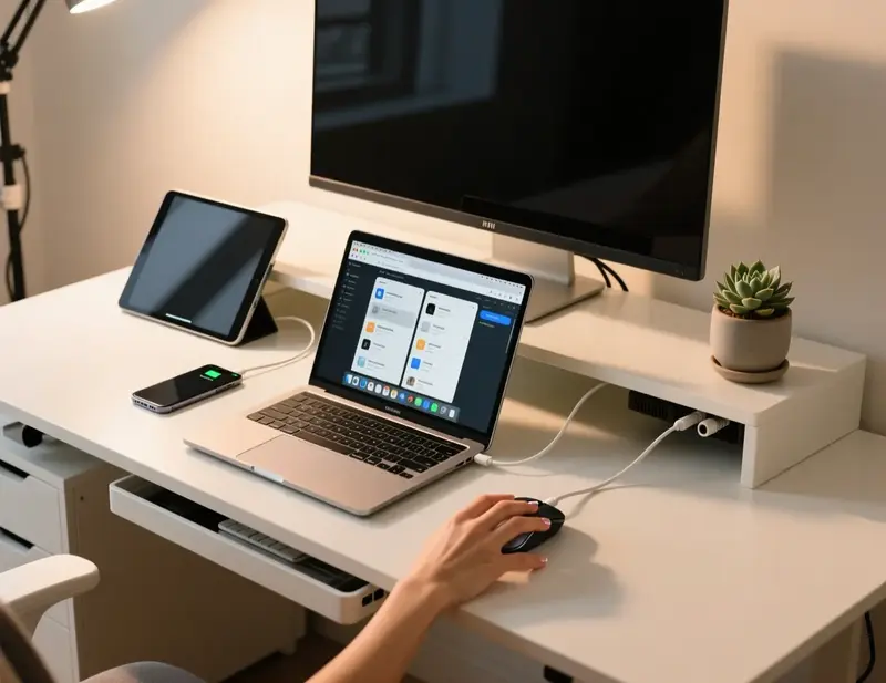 Escritório moderno com múltiplos dispositivos para comparação e pesquisa de sites de apostas licenciados em Portugal