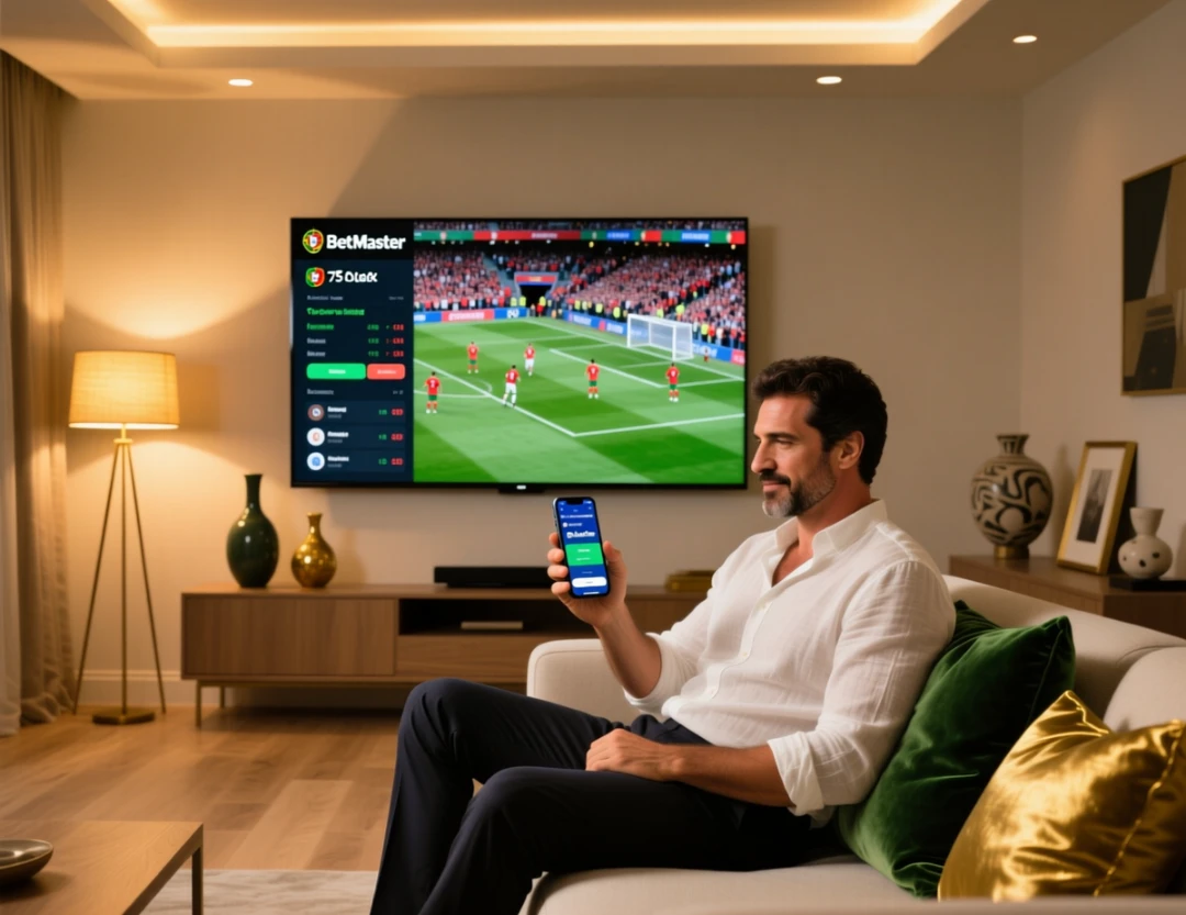 Homem português a usar aplicação de apostas desportivas no smartphone enquanto assiste a futebol na televisão