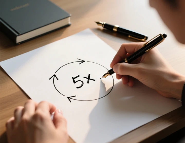 M&atilde;os a desenhar diagrama circular com seta e n&uacute;mero 5x representando o conceito de rollover