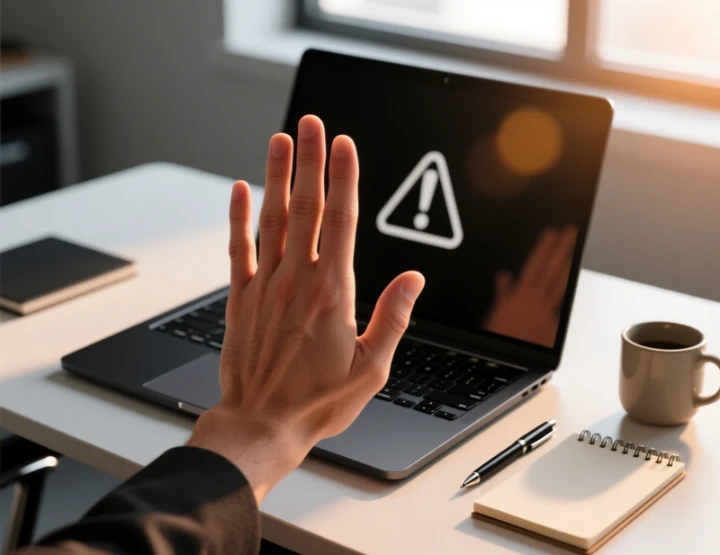 M&atilde;o a fazer gesto de stop em frente a teclado de laptop simbolizando cautela