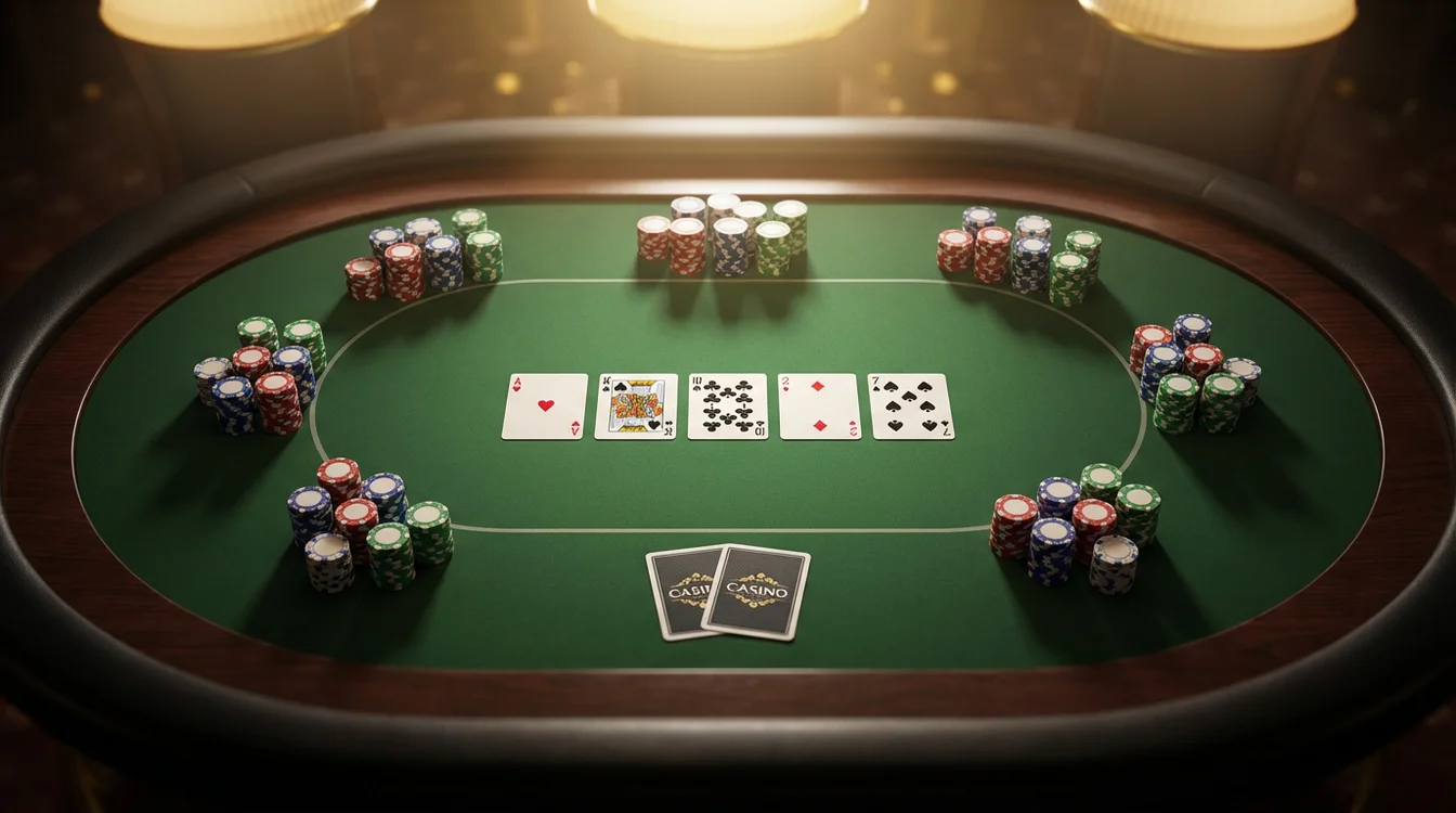 Mesa de poker com cartas e fichas num ambiente de casino elegante