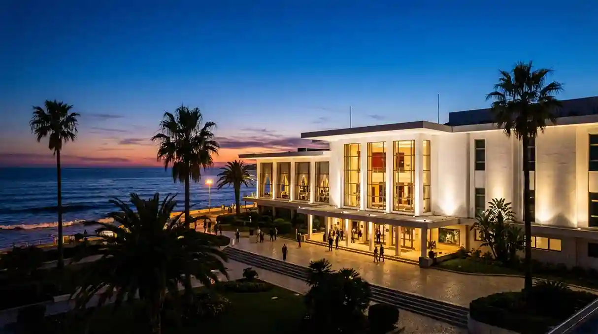 Casino Estoril com fachada iluminada ao anoitecer junto ao mar