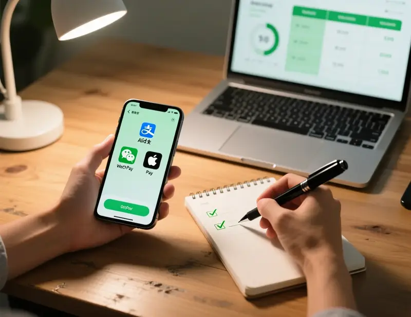 Mãos a comparar diferentes opções de pagamento no smartphone e bloco de notas
