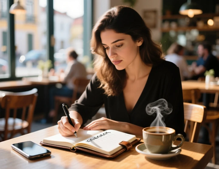 Jovem mulher portuguesa a escrever notas de planeamento num caderno premium num caf&eacute;