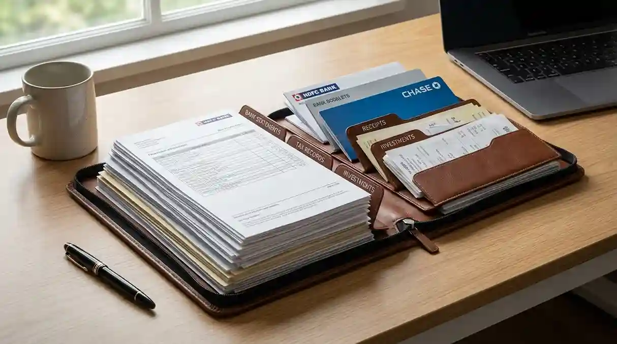 Pasta com documentos organizados e extractos banc&aacute;rios