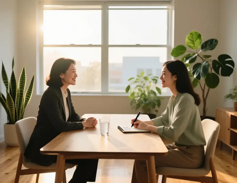 Ambiente de apoio com conselheiro profissional em conversa num escritório luminoso com plantas, transmitindo esperança e suporte
