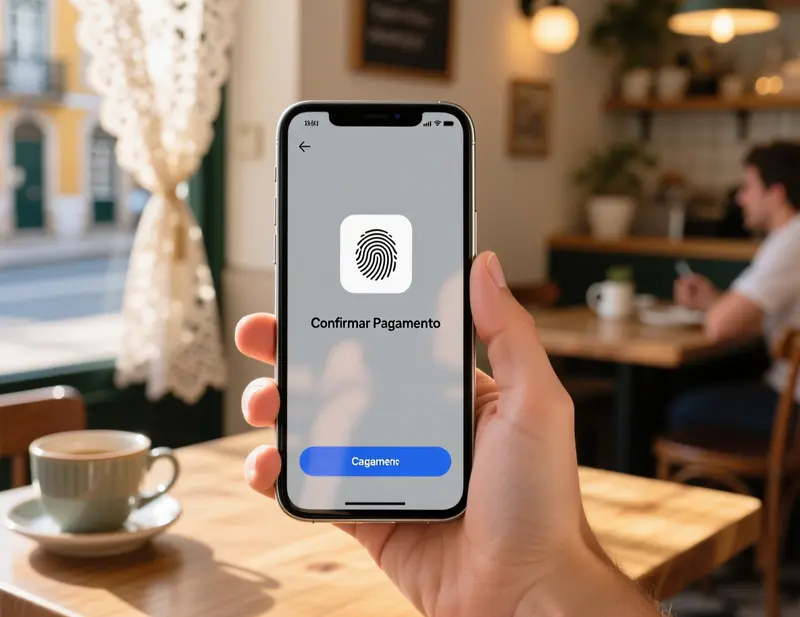 Mão a segurar smartphone com aplicação de pagamento MB Way a confirmar transacção