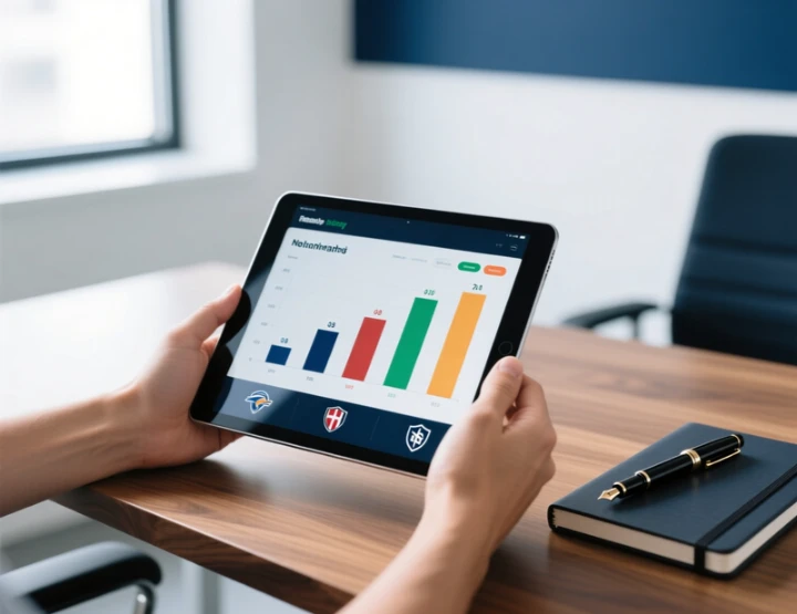 Tablet com gráfico de comparação de odds de casas de apostas sobre secretária com caderno e caneta