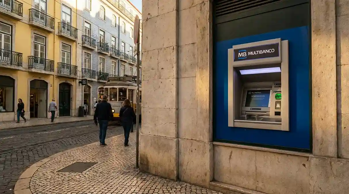 Terminal Multibanco ATM numa rua portuguesa