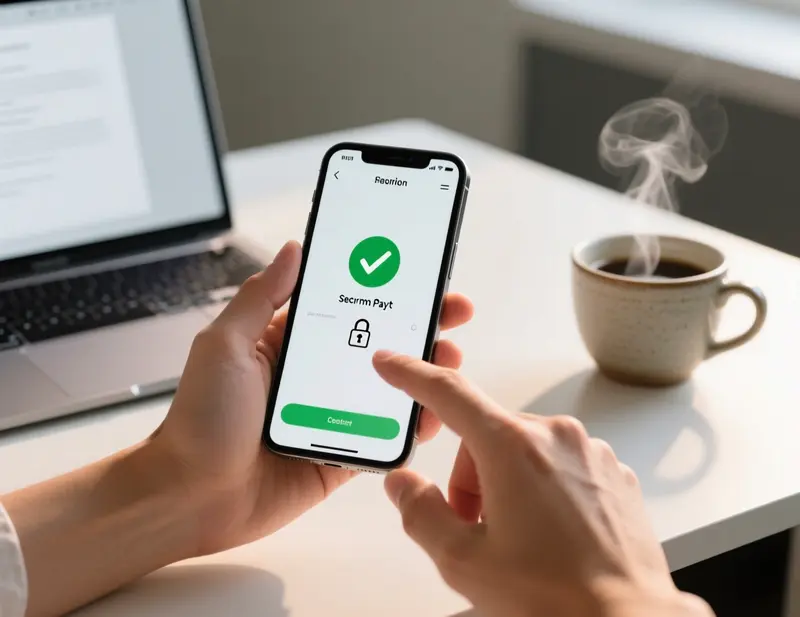 Mãos a usar smartphone para pagamento móvel seguro com confirmação de transação e ícone de cadeado