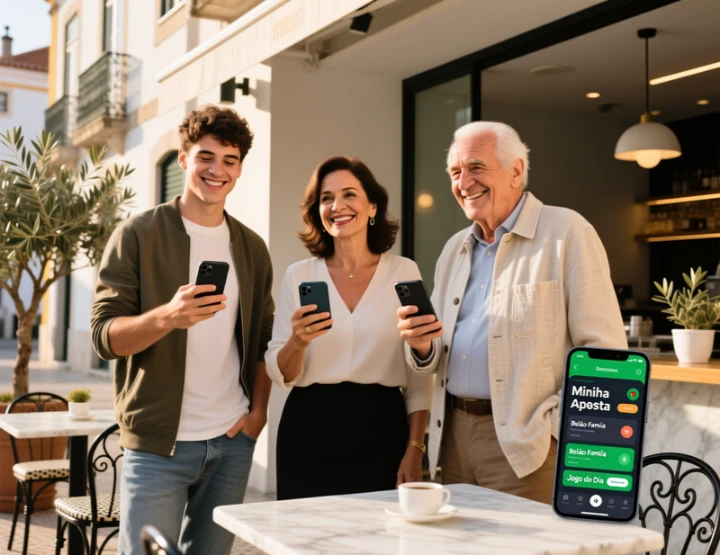 Grupo diverso de três portugueses de diferentes idades a usar smartphones com expressões satisfeitas