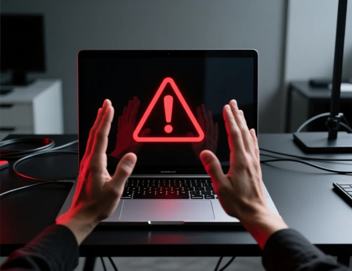 Laptop com símbolo de aviso vermelho e mãos a fazer gesto defensivo de rejeição representando os riscos de sites ilegais