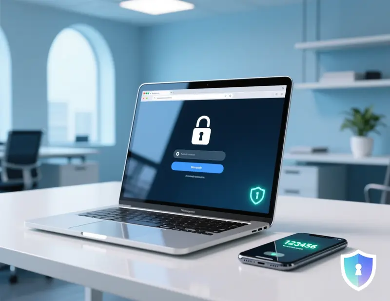 Portátil e smartphone a mostrar autenticação de dois factores e conexão segura para transacções