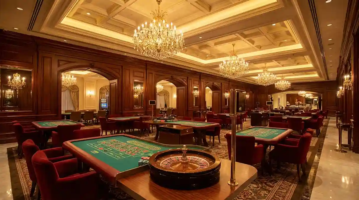Interior luxuoso de casino com mesas de jogo e ilumina&ccedil;&atilde;o elegante