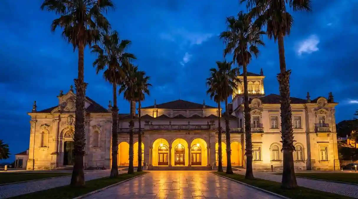 Fachada elegante de casino português com iluminação nocturna