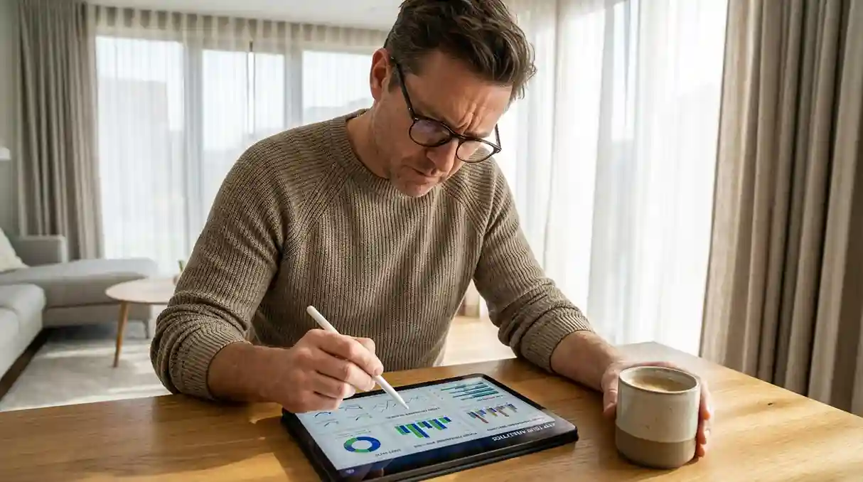 Pessoa a analisar estat&iacute;sticas de t&eacute;nis num tablet
