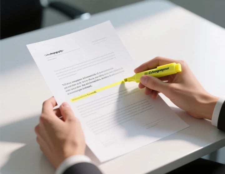 M&atilde;os a segurar documento de termos e condi&ccedil;&otilde;es com marcador amarelo a destacar uma linha
