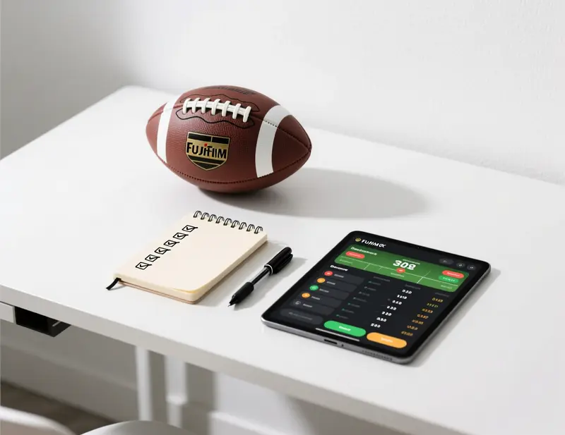 Vista superior de secret&aacute;ria com bola de futebol, caderno com op&ccedil;&otilde;es e tablet mostrando interface de apostas
