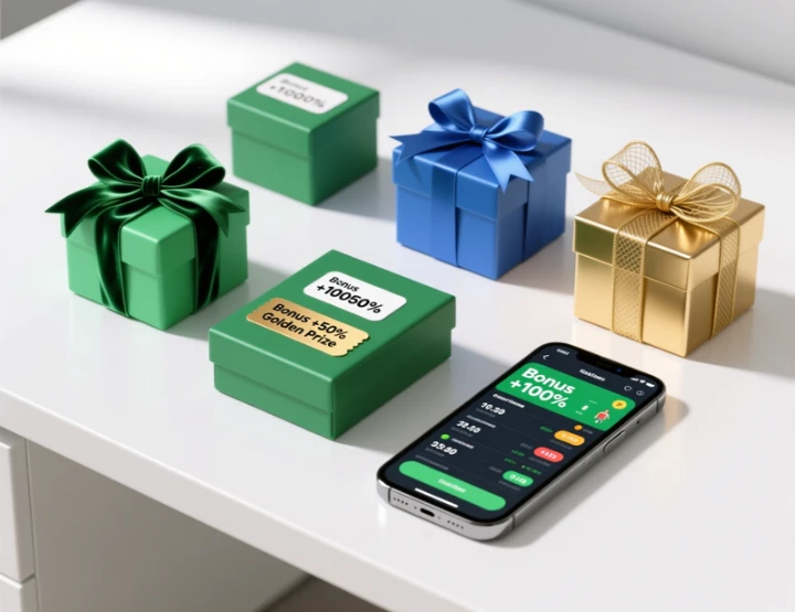 Caixas de presente coloridas representando diferentes tipos de b&oacute;nus junto a smartphone com aplica&ccedil;&atilde;o de apostas