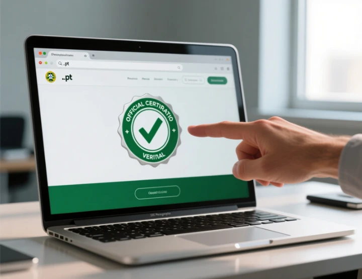Ecrã de computador a mostrar selo de certificação oficial com mão a apontar para verificação de legalidade